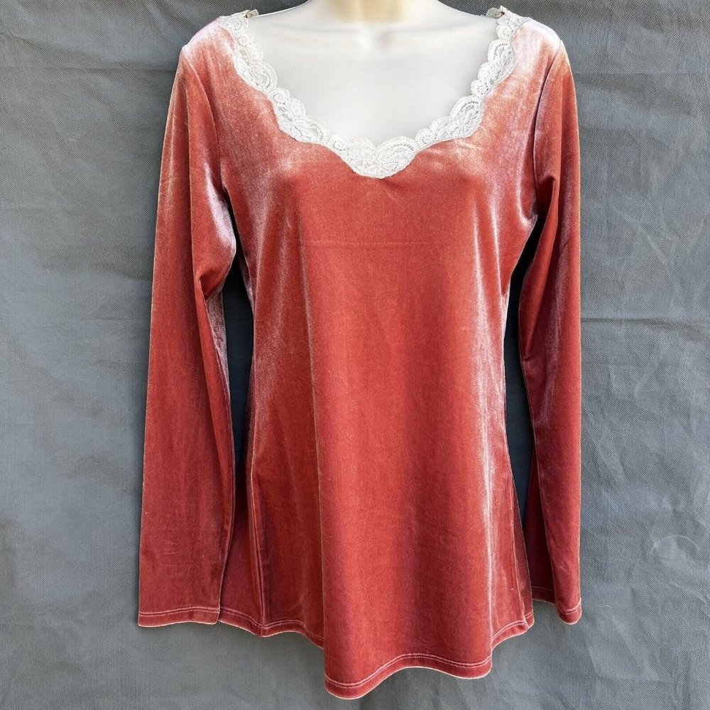 Soft Surroundings Velour Salmon Pink White Lace Long Sleeves Shirt Top Blouse S